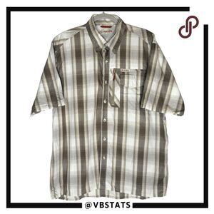 Simms Men's Plaid Short Sleeve Cotton Button Down Fishing Shirt Taupe Size Large